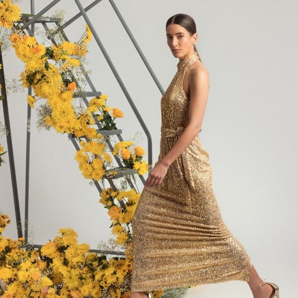 NWT MAC DUGGAL SZ 2 11281 SEQUIN HALTER NECK SOFT TIE DRESS CHAMPAGNE GOLD - Picture 6 of 9